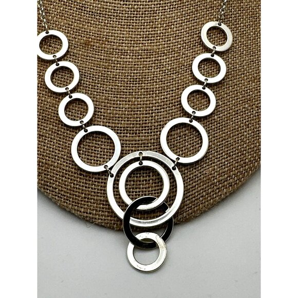 Silver Tone Multi Circle Link Necklace Circular Statement Adjustable - Picture 3 of 9